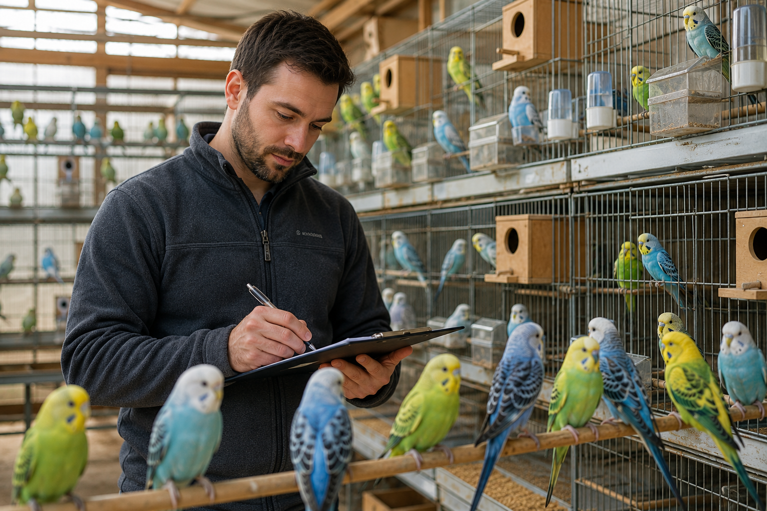 Professional bird breeder in aviary with parakeets for avian DNA gender testing