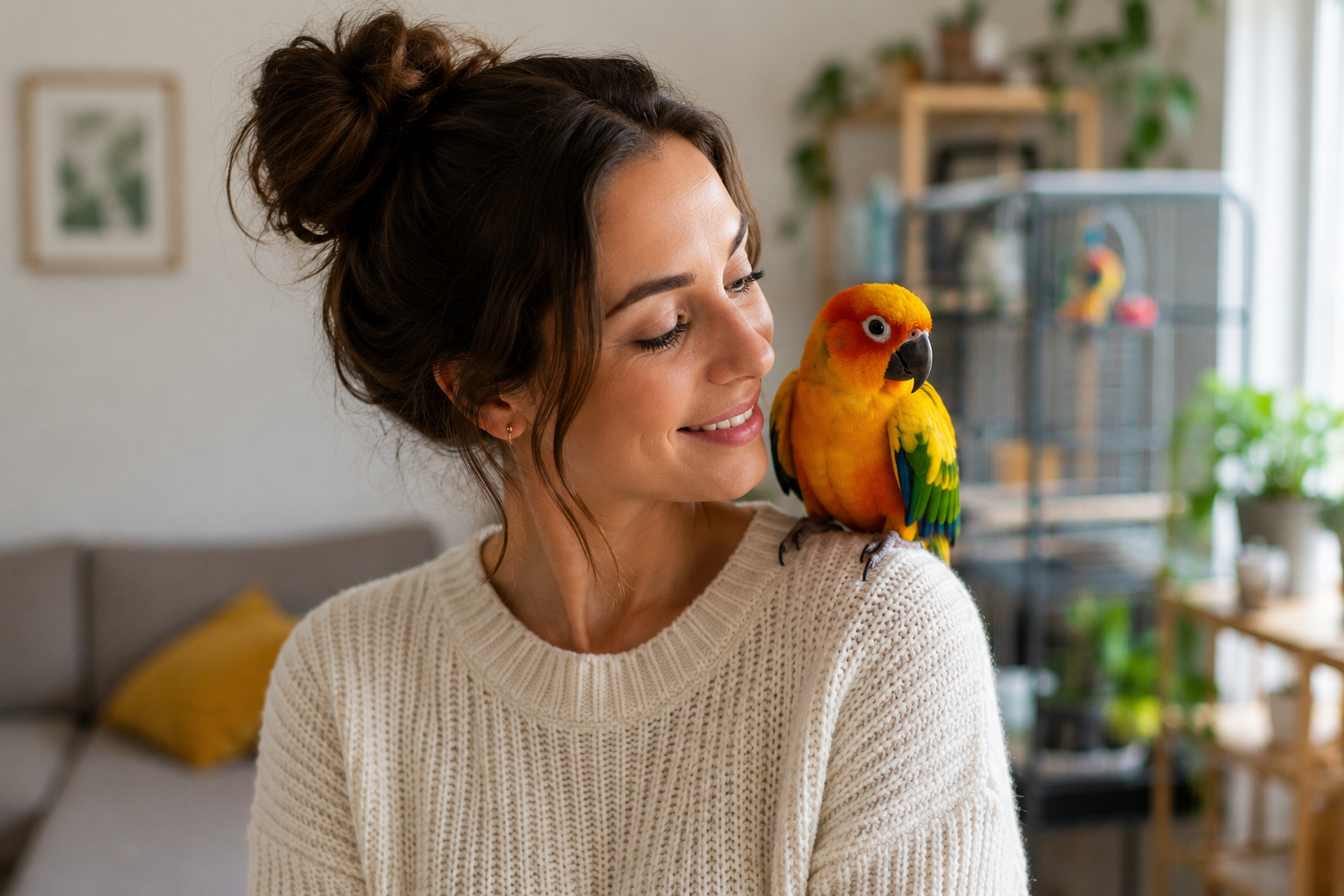Bird owner with pet parrot at home for DNA bird sexing service