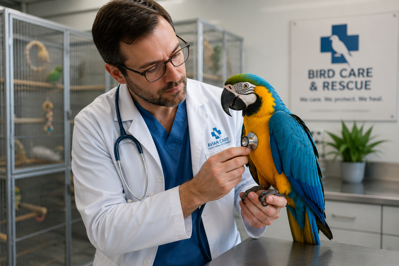 Avian veterinarian examining macaw for bird DNA testing and sanctuary care